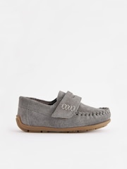 Grey Standard Fit (F) Leather Penny Loafers with Touch and Close Fastening - Image 2 of 5