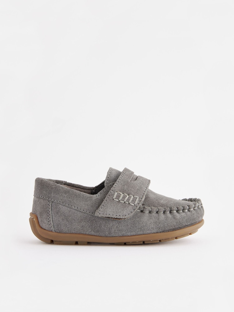 Grey Standard Fit (F) Leather Penny Loafers with Touch and Close Fastening - Image 2 of 5