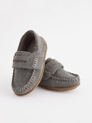 Grey Standard Fit (F) Leather Penny Loafers with Touch and Close Fastening - Image 4 of 5