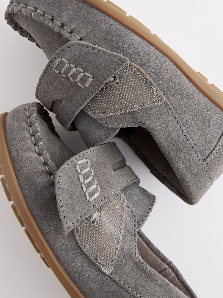 Grey Standard Fit (F) Leather Penny Loafers with Touch and Close Fastening - Image 5 of 5