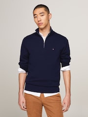 Tommy Hilfiger Blue Quarter Zip Cotton Blend Jumper With Cashmere - Image 1 of 5