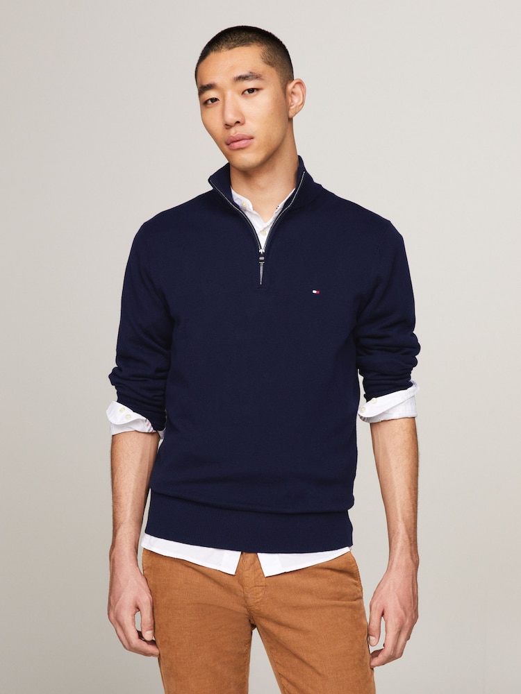 Tommy Hilfiger Blue Quarter Zip Cotton Blend Jumper With Cashmere - Image 1 of 5