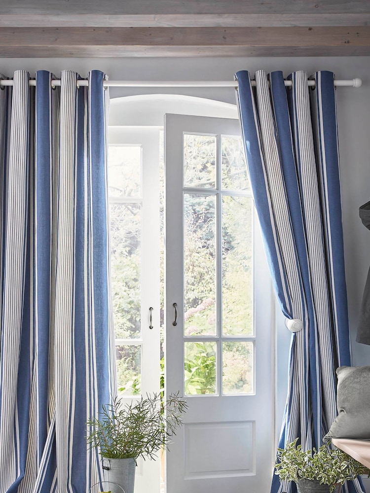 Laura Ashley Denim Blue Tiverton Lined Eyelet 100% Cotton Curtains - Image 1 of 3