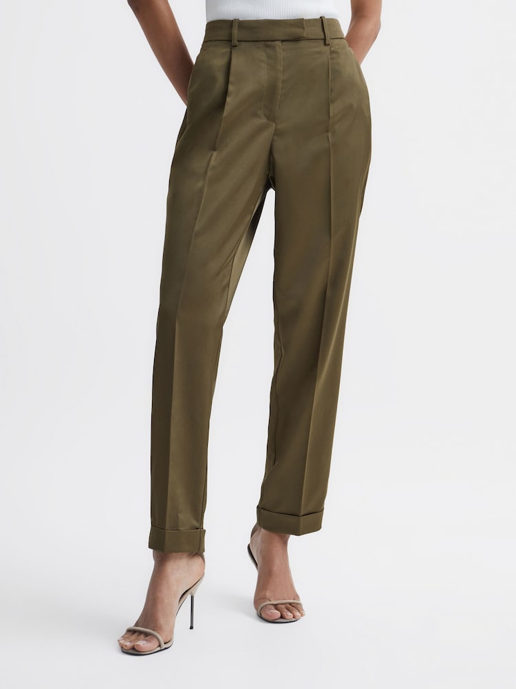 Reiss Green Cici Satin Taper Trousers - Image 1 of 7