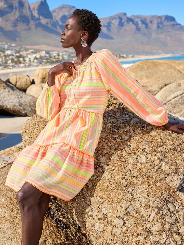 Neonorange/Gelb - Kurzes Kaftan-Sommerkleid aus Jacquard - Bild 2 von 5