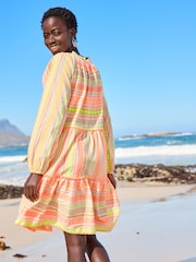 Neonorange/Gelb - Kurzes Kaftan-Sommerkleid aus Jacquard - Bild 3 von 5