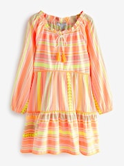 Neonorange/Gelb - Kurzes Kaftan-Sommerkleid aus Jacquard - Bild 5 von 5