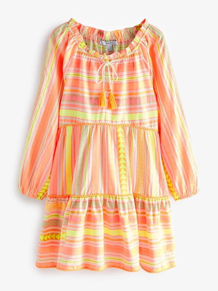 Neonorange/Gelb - Kurzes Kaftan-Sommerkleid aus Jacquard - Bild 5 von 5