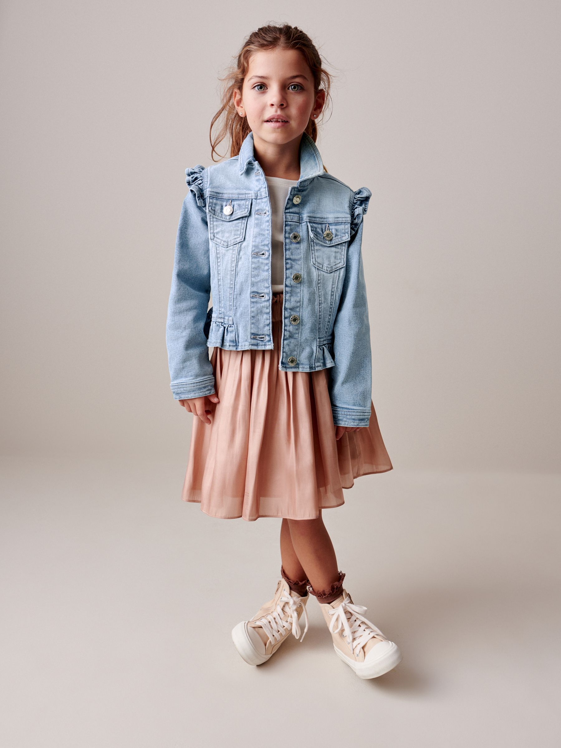 Mid Blue 100 Cotton Frill Shoulder Denim Jacket 3 16yrs