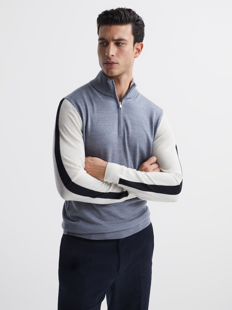 Reiss Airforce Blue Leo Wool Colourblock Zip Neck Polo - Image 1 of 7