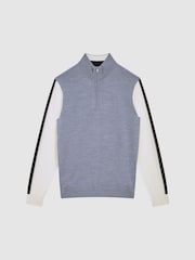 Reiss Airforce Blue Leo Wool Colourblock Zip Neck Polo - Image 2 of 7