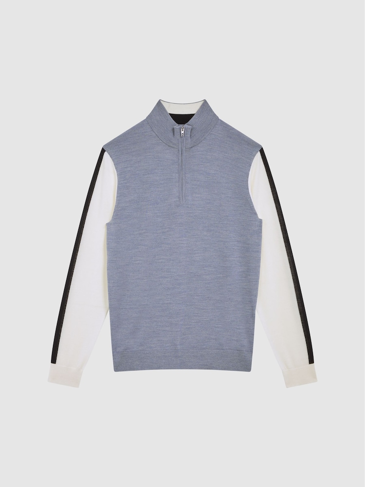 Reiss Airforce Blue Leo Wool Colourblock Zip Neck Polo - Image 2 of 7