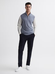 Reiss Airforce Blue Leo Wool Colourblock Zip Neck Polo - Image 3 of 7
