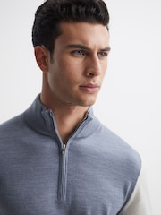 Reiss Airforce Blue Leo Wool Colourblock Zip Neck Polo - Image 5 of 7