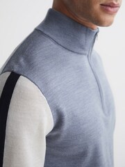 Reiss Airforce Blue Leo Wool Colourblock Zip Neck Polo - Image 6 of 7