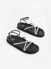 Black Chunky Jewelled Footbed Sandals with Ankle Wrap Strap - Image 3 of 8