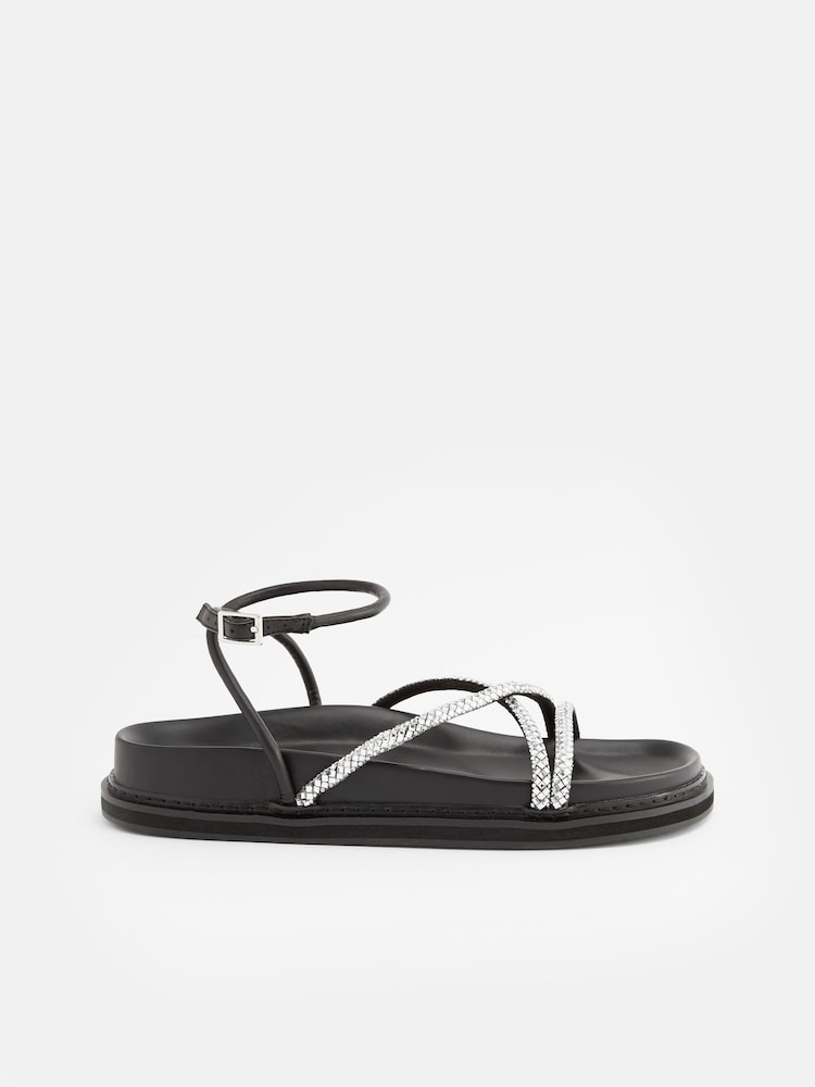 Black Chunky Jewelled Footbed Sandals with Ankle Wrap Strap - Image 4 of 8
