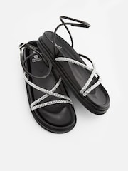 Black Chunky Jewelled Footbed Sandals with Ankle Wrap Strap - Image 5 of 8