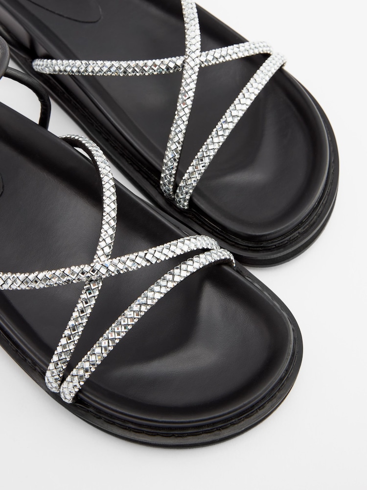 Black Chunky Jewelled Footbed Sandals with Ankle Wrap Strap - Image 6 of 8