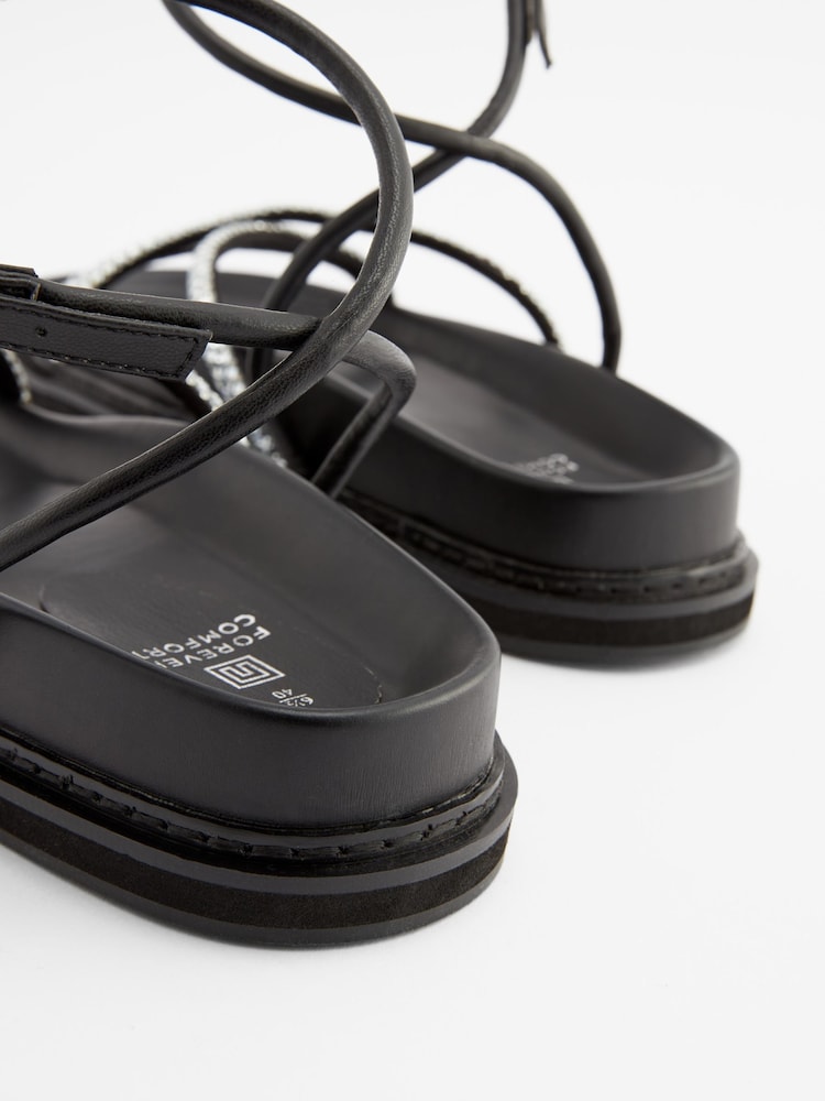 Black Chunky Jewelled Footbed Sandals with Ankle Wrap Strap - Image 7 of 8