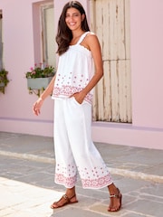 White Linen Mix Embroidery Culotte Trousers - Image 1 of 7