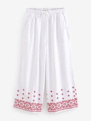 White Linen Mix Embroidery Culotte Trousers - Image 10 of 10