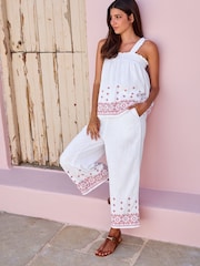 White Linen Mix Embroidery Culotte Trousers - Image 2 of 7