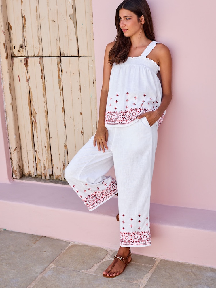 White Linen Mix Embroidery Culotte Trousers - Image 2 of 7