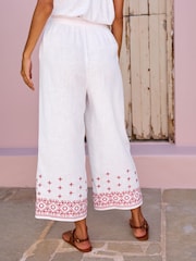 White Linen Mix Embroidery Culotte Trousers - Image 4 of 7