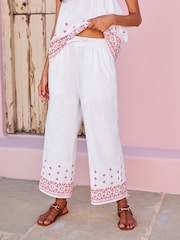 White Linen Mix Embroidery Culotte Trousers - Image 5 of 7