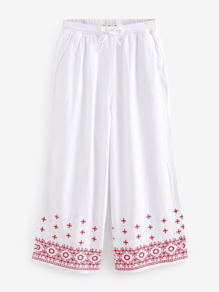 White Linen Mix Embroidery Culotte Trousers - Image 7 of 7