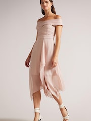 Ted Baker Pink Edenio Bardot Midi Dress With Ruffle Skirt - Image 1 of 5