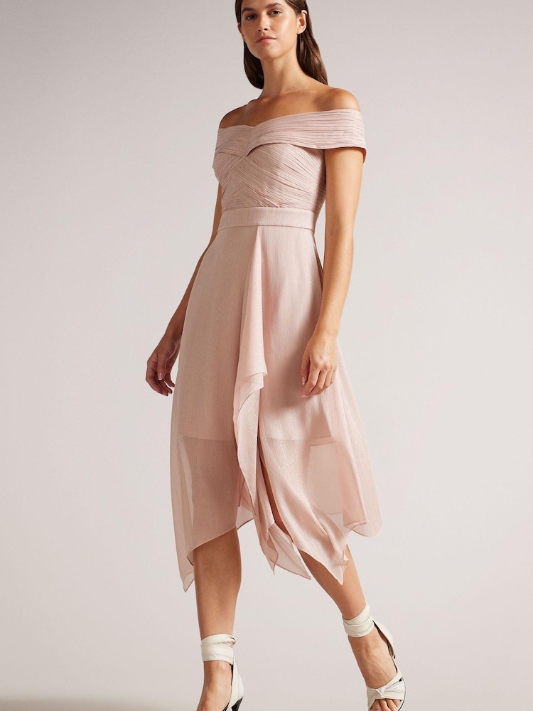 Ted Baker Pink Edenio Bardot Midi Dress With Ruffle Skirt - Image 1 of 5 Ted Baker Pink Edenio Bardot Midi Dress With Ruffle Skirt - Image 1 of 5