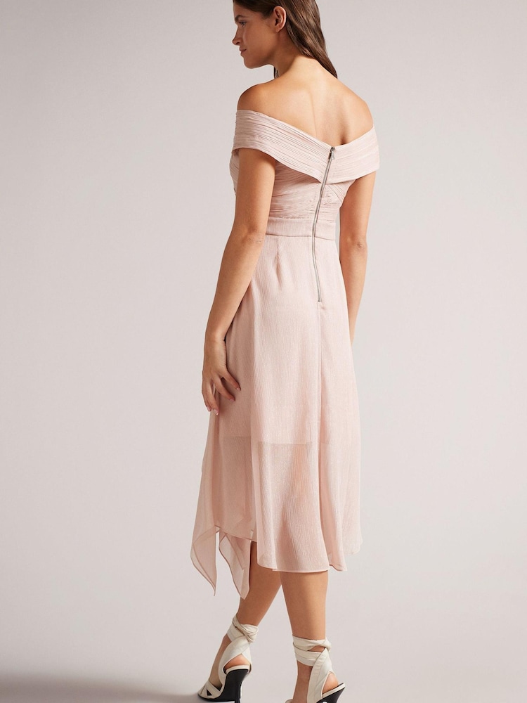 Ted Baker Pink Edenio Bardot Midi Dress With Ruffle Skirt - Image 2 of 5 Ted Baker Pink Edenio Bardot Midi Dress With Ruffle Skirt - Image 2 of 5