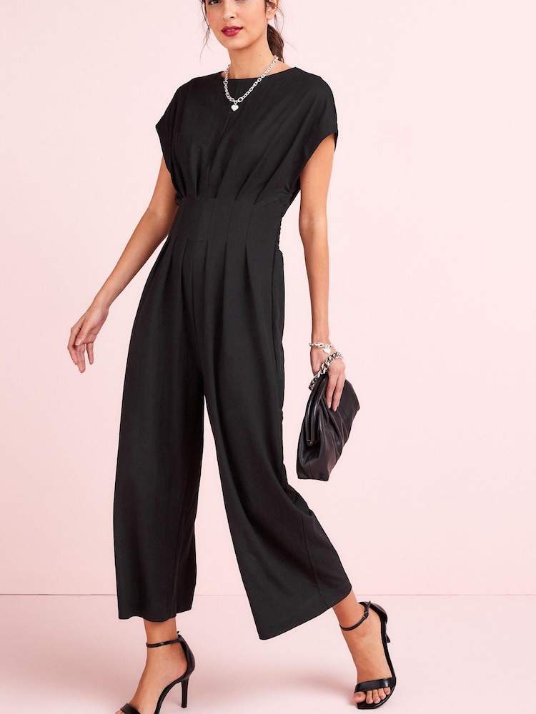 Black Short Sleeve Pleated Corset Detail Wide Leg Jumpsuit - Image 1 of 4