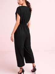 Black Short Sleeve Pleated Corset Detail Wide Leg Jumpsuit - Image 2 of 4