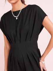 Black Short Sleeve Pleated Corset Detail Wide Leg Jumpsuit - Image 3 of 4