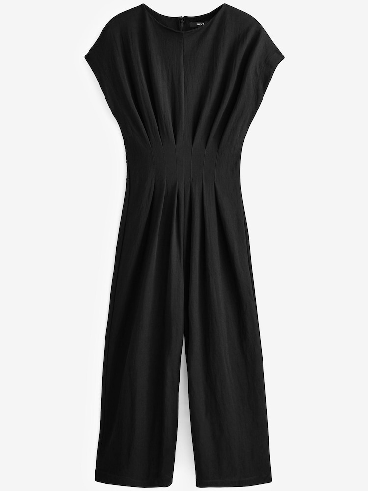 Black Short Sleeve Pleated Corset Detail Wide Leg Jumpsuit - Image 4 of 4
