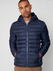 Threadbare Navy Blue Matte Finish Padded Showerproof Hooded Jacket - Image 1 of 5