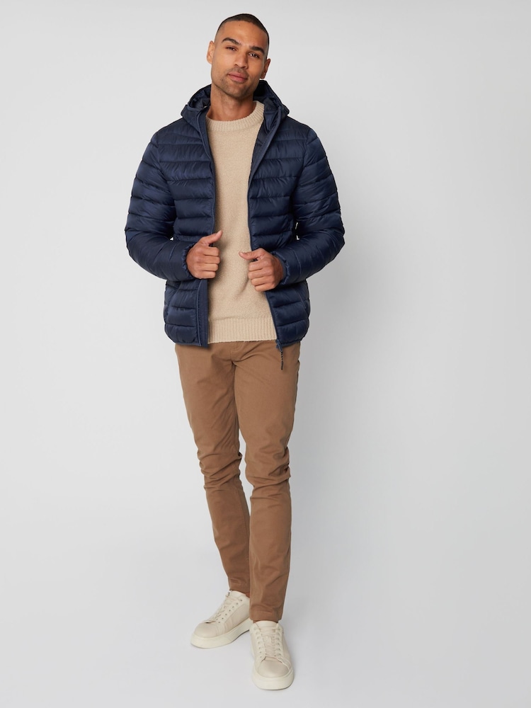 Threadbare Navy Blue Matte Finish Padded Showerproof Hooded Jacket - Image 3 of 5
