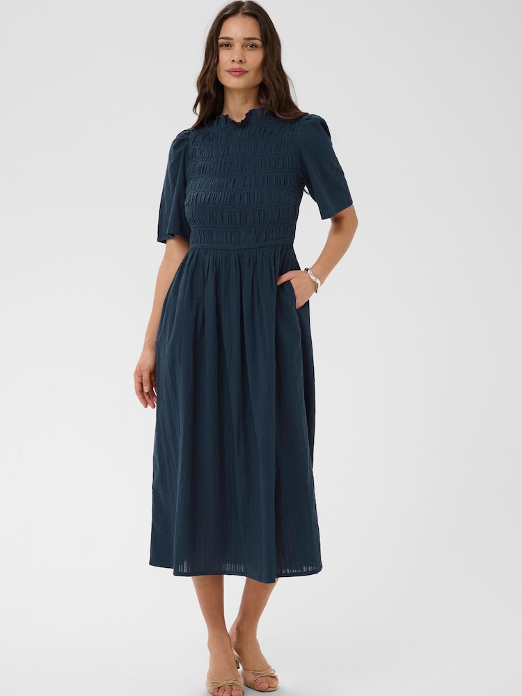 Kaffe Blue KAbethany Smocked Bodice Midi Dress - Image 1 of 6