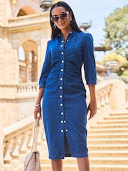 Sosandar Blue 100% Cotton Ruched Waist 3/4 Sleeve Midi Dress - Image 1 of 5