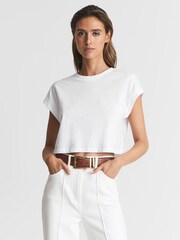 Reiss White Terry Cotton Crew Neck Crop Top - Image 1 of 6