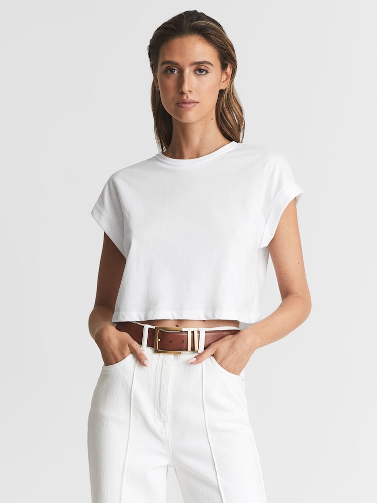 Reiss White Terry Cotton Crew Neck Crop Top - Image 1 of 6