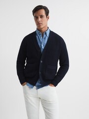 Reiss Navy Bardot Chunky Knit Ribbed Cardigan - Image 1 of 5