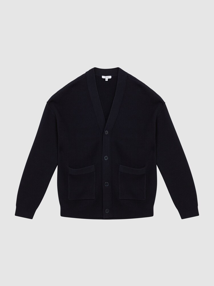 Reiss Navy Bardot Chunky Knit Ribbed Cardigan - Image 2 of 5