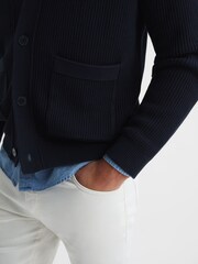 Reiss Navy Bardot Chunky Knit Ribbed Cardigan - Image 4 of 5