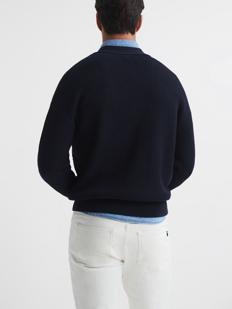 Reiss Navy Bardot Chunky Knit Ribbed Cardigan - Image 5 of 5