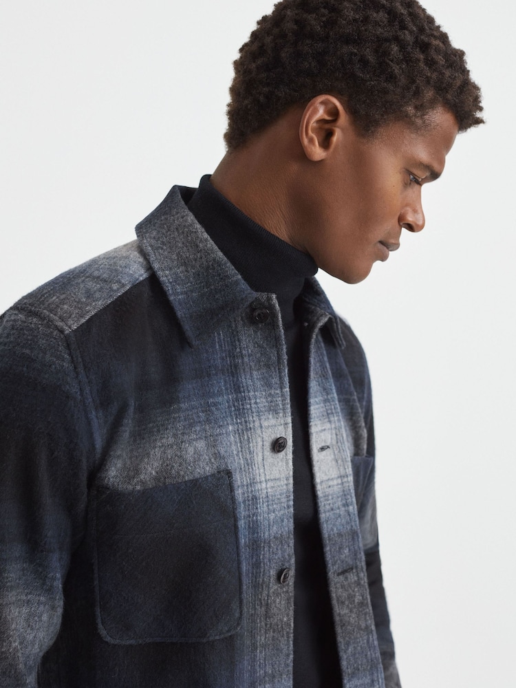 Reiss Blue Multi Idaho Wool Blend Check Overshirt - Image 1 of 5