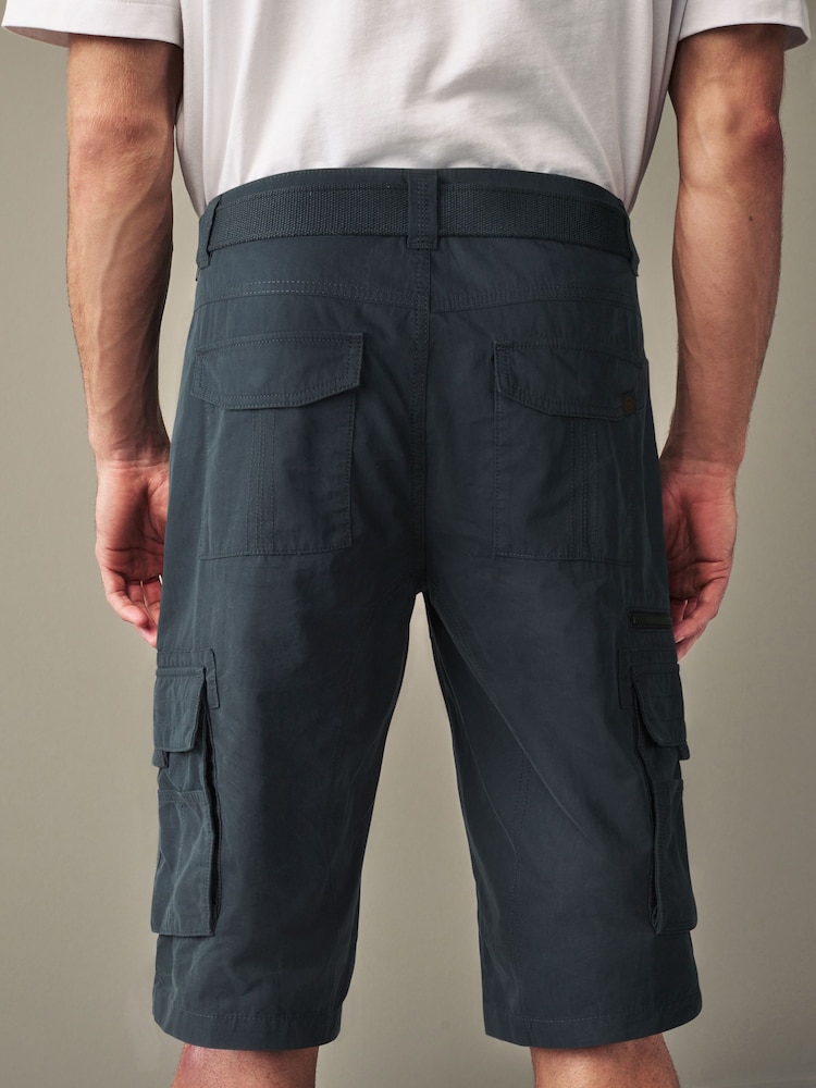 Navy Blue Long Length Belted Cargo Shorts - Image 2 of 9